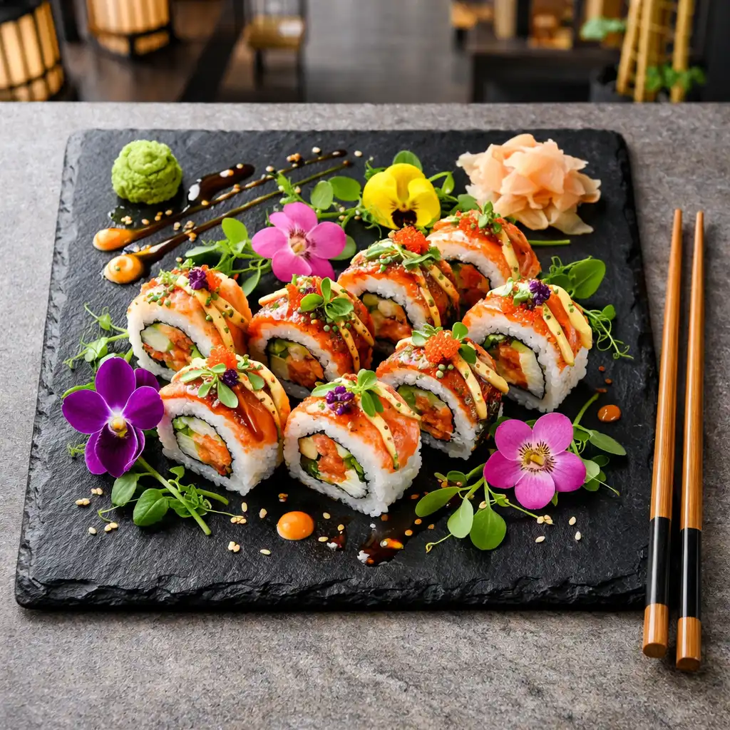 Vibrant sushi rolls arranged on a black slate with edible flowers and chopsticks