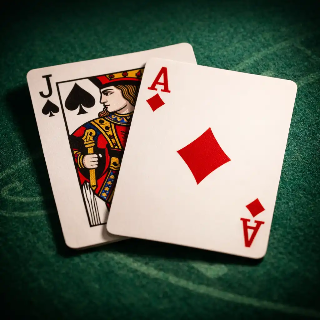 Close-up of blackjack cards on a green felt table, showing a face card and a number card