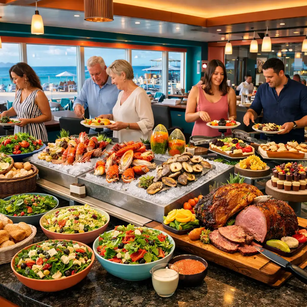 Lavish cruise ship buffet with colourful salads, carved meats, seafood, and desserts
