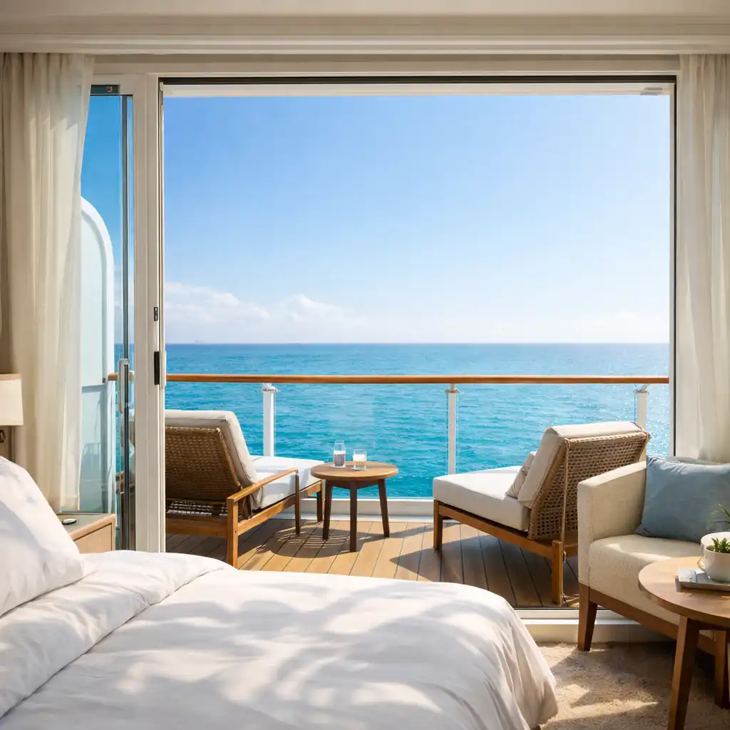 A bright cruise ship balcony cabin with floor-to-ceiling glass doors open to a private veranda overlooking a calm turquoise ocean