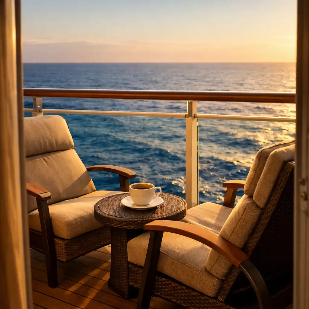 A private cruise ship balcony with two lounge chairs and a small table, overlooking a deep blue ocean at golden hour