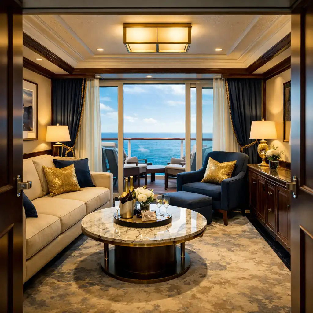 An elegant cruise ship suite with a separate living area, plush sofa, marble coffee table, and floor-to-ceiling windows with an ocean view