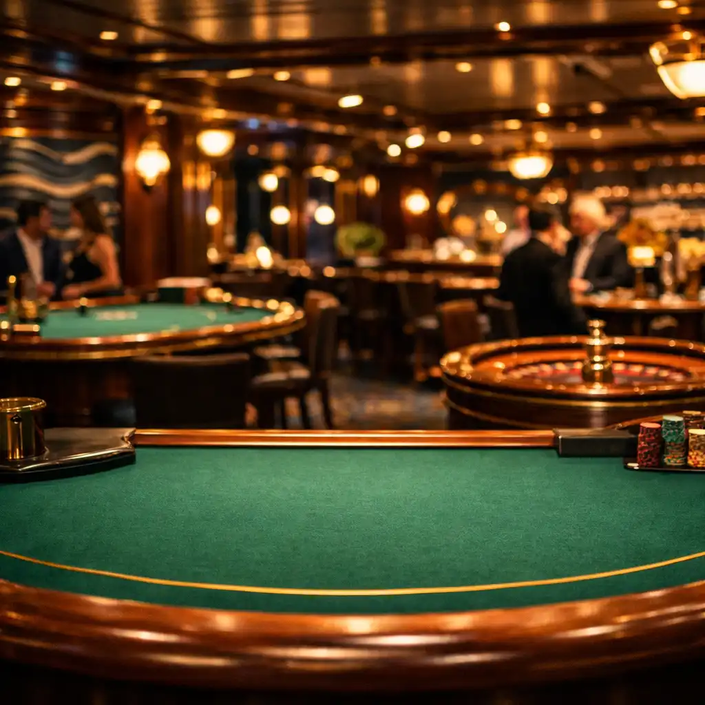 A luxurious cruise ship casino interior with warm lighting, gaming tables, and elegant nautical decor