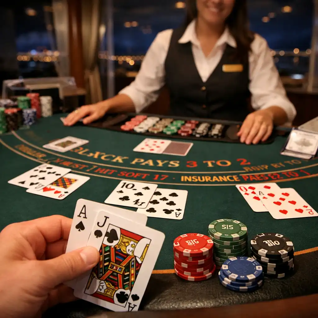 Blackjack table with cards laid out and chips stacked