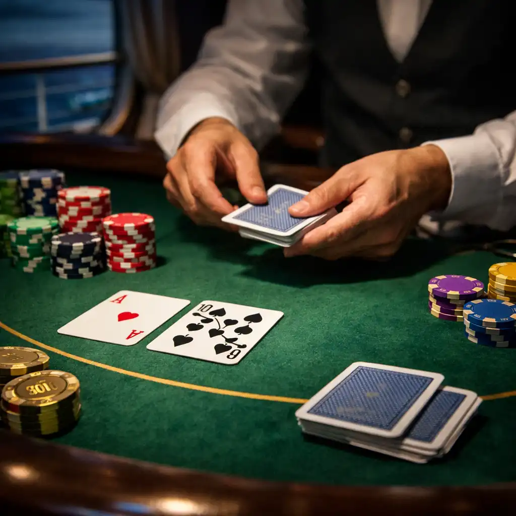 Close-up of a poker table with green felt, playing cards, and colorful chips