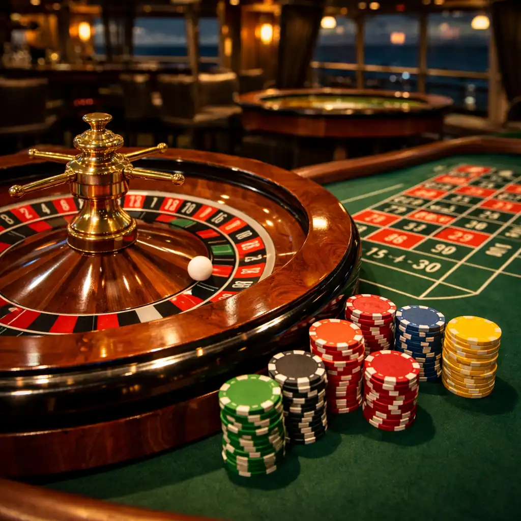 Roulette table with the wheel spinning and stacks of chips