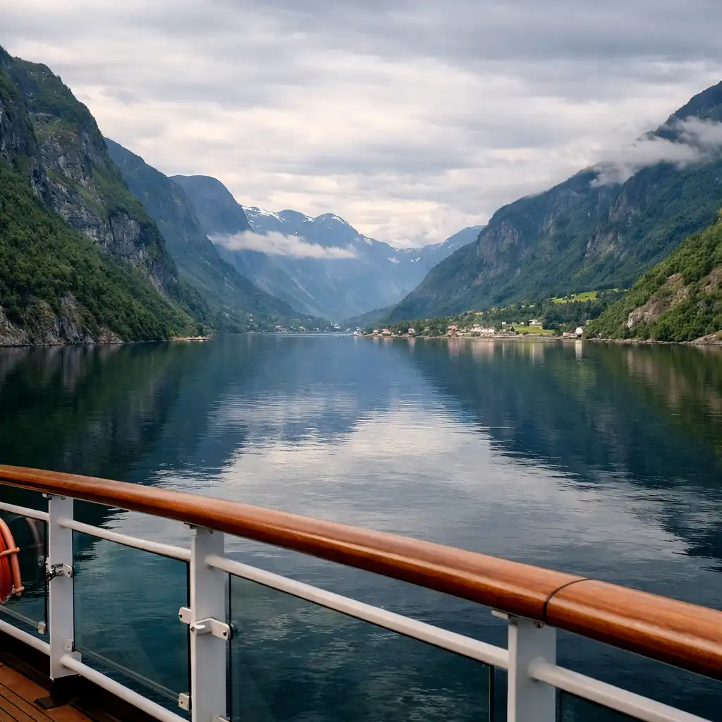 Breathtaking Norwegian fjord view from a cruise ship with steep green mountains
