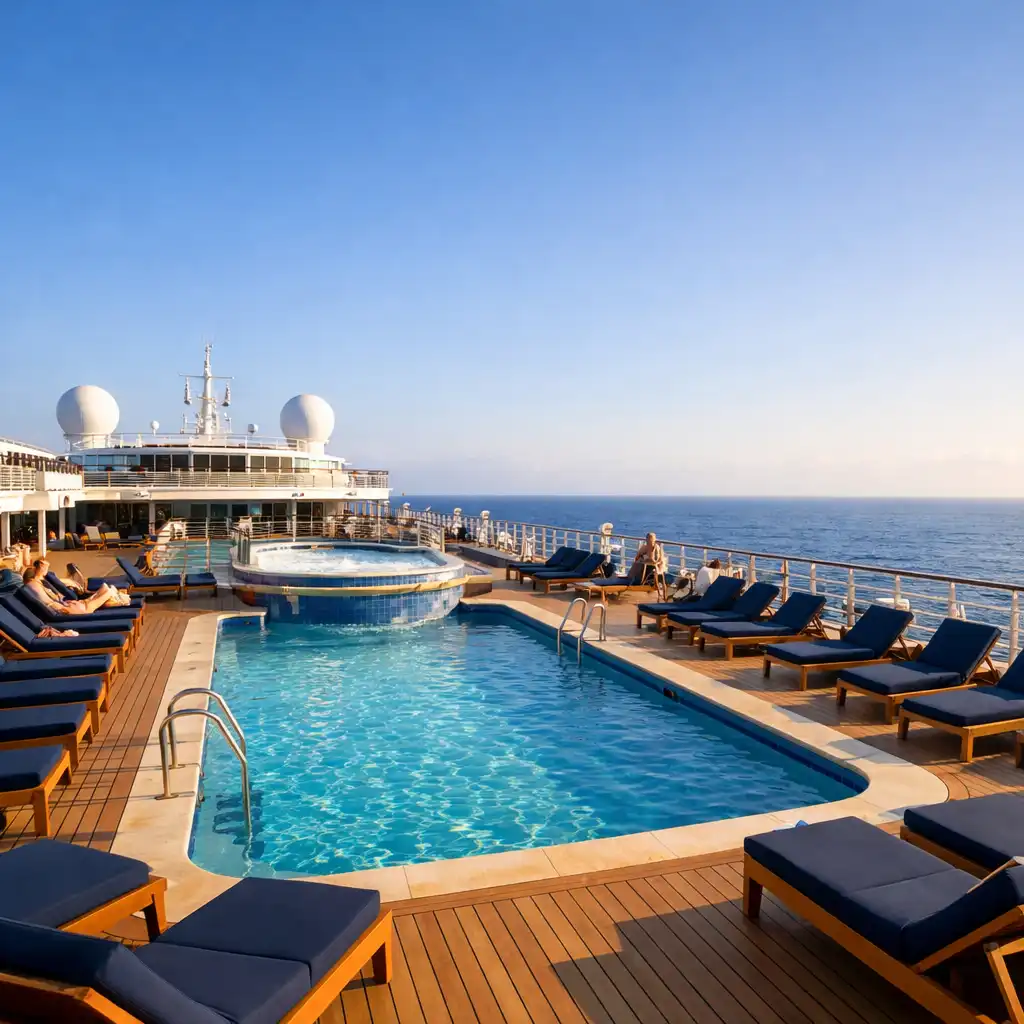 Expansive cruise ship deck with a large pool, teak loungers, and ocean horizon under a clear sky