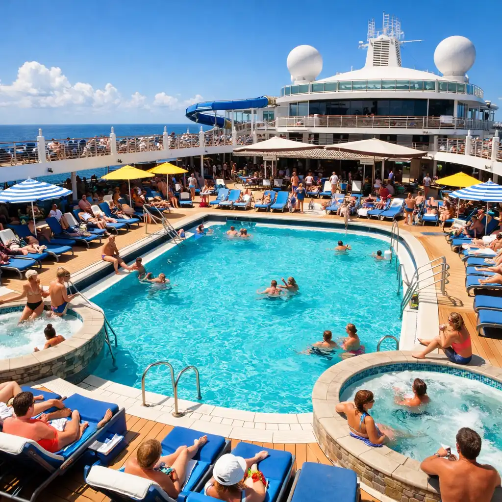 Vibrant cruise ship pool deck with turquoise water and loungers