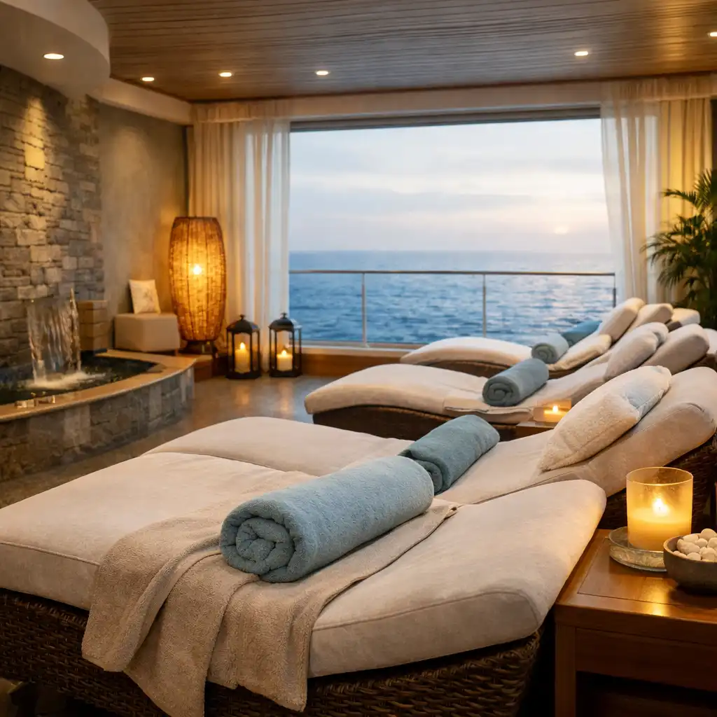 Serene cruise ship spa interior with loungers and ocean view