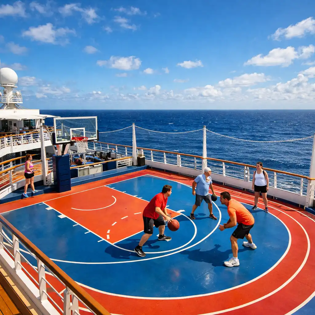 Cruise ship sports deck with basketball court and jogging track overlooking the sea