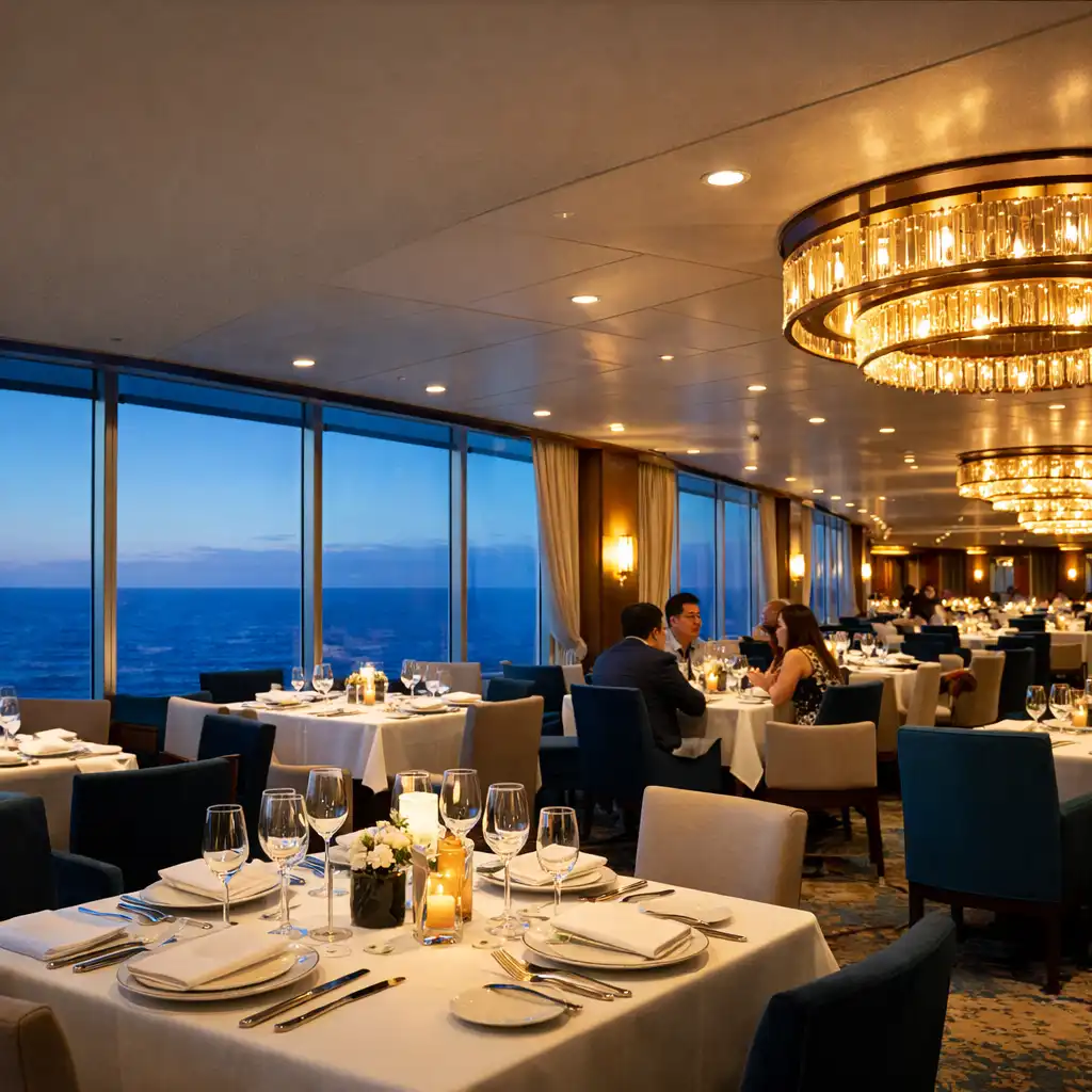 Elegant cruise ship dining room with ocean views, white tablecloths, and warm chandeliers