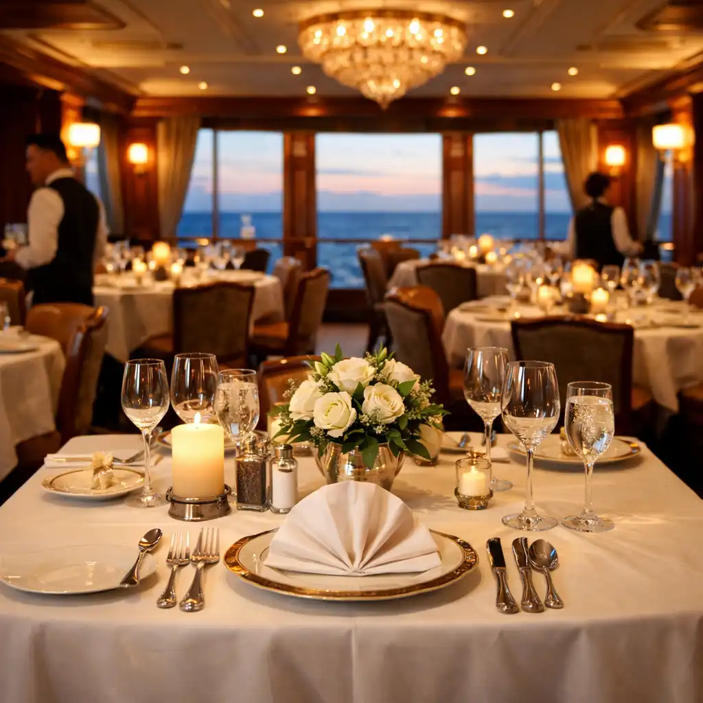 Elegant cruise ship dining room set for dinner with white linens and ocean views