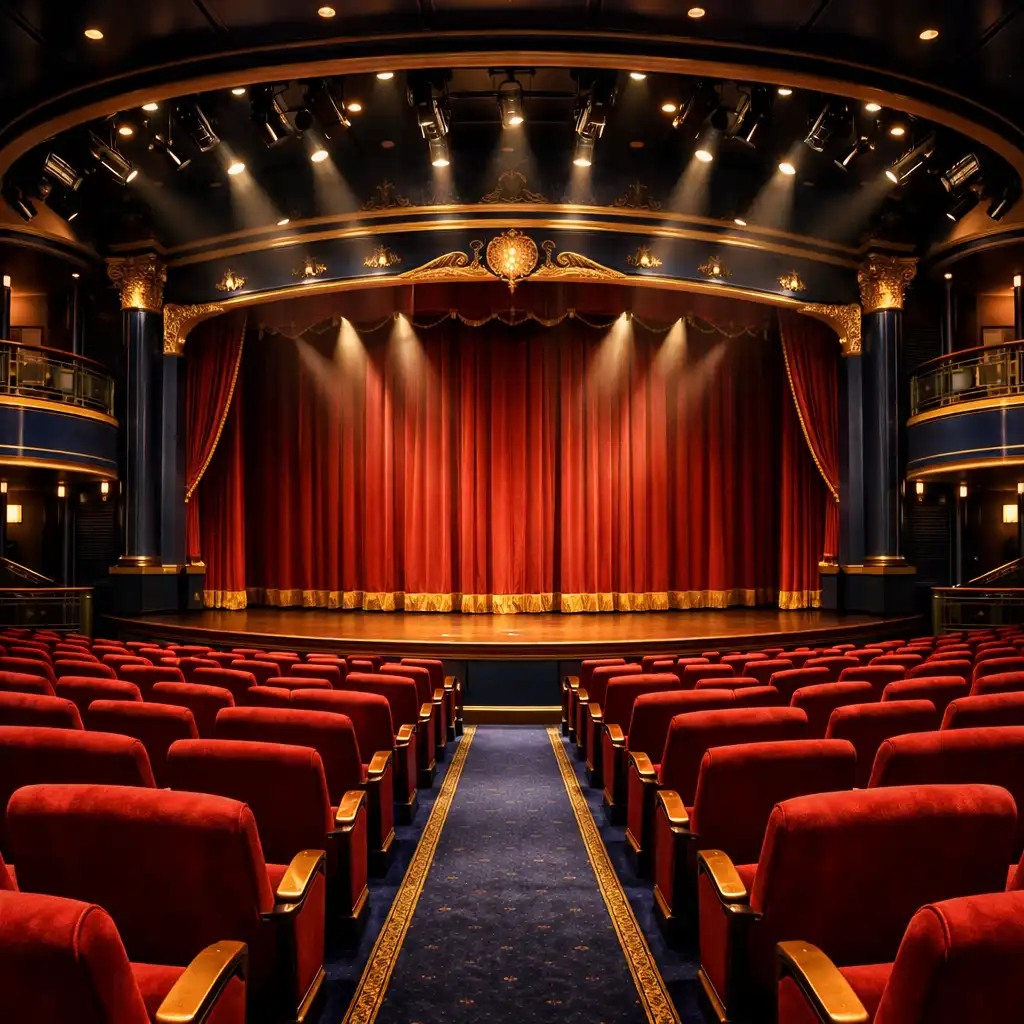 Elegant cruise ship theatre with plush red seats, a grand stage, and dramatic lighting
