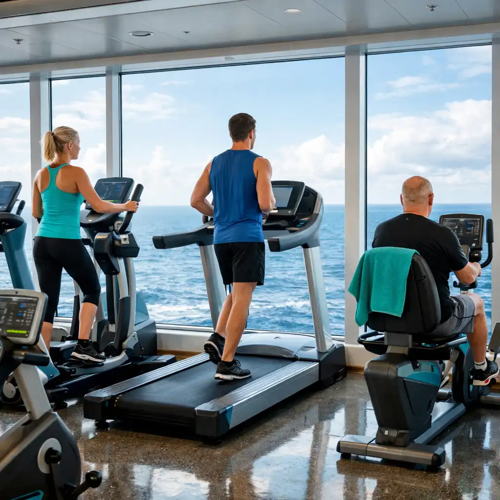 Modern cruise ship gym with floor-to-ceiling windows overlooking the ocean and cardio machines
