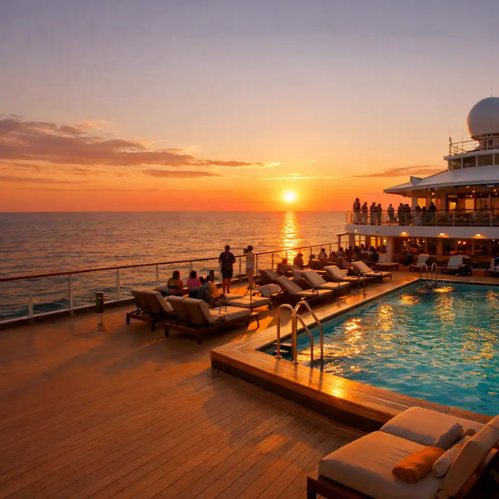 Wide-angle view of a cruise ship deck at golden hour with loungers and a pool