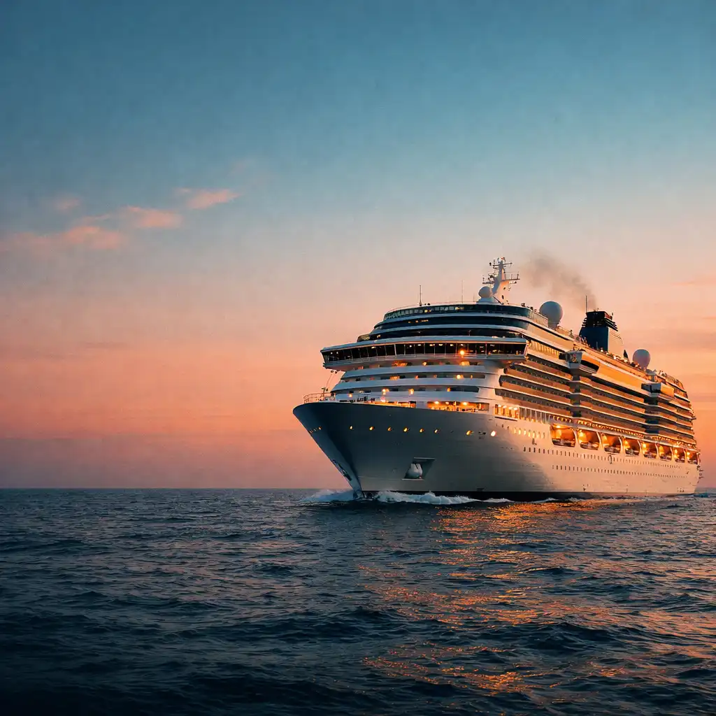A majestic cruise ship sailing on a calm ocean at golden hour, with warm coral and teal sky