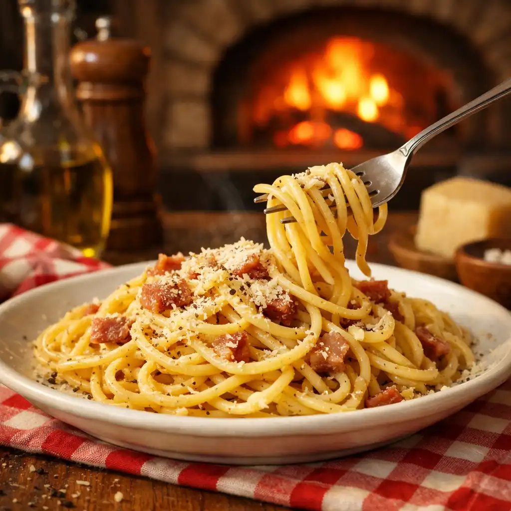 Fresh spaghetti carbonara with parmesan and black pepper in a rustic trattoria