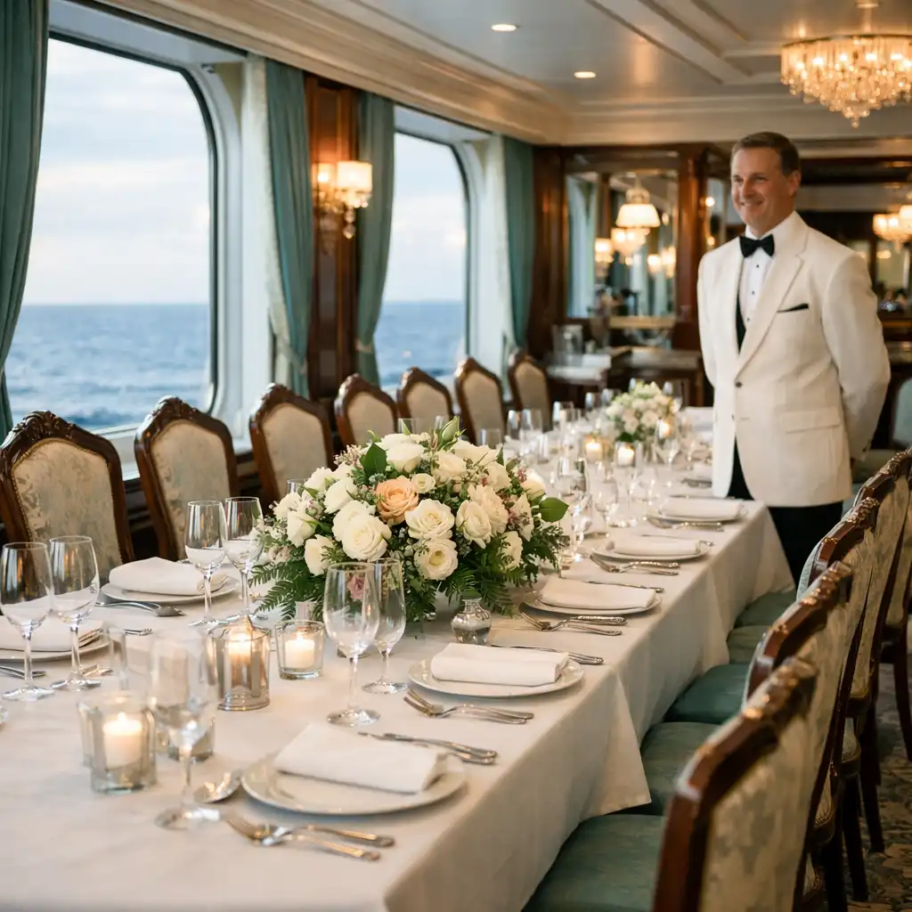 Elegant main dining room with white tablecloth, fresh flowers, and a view of the open sea