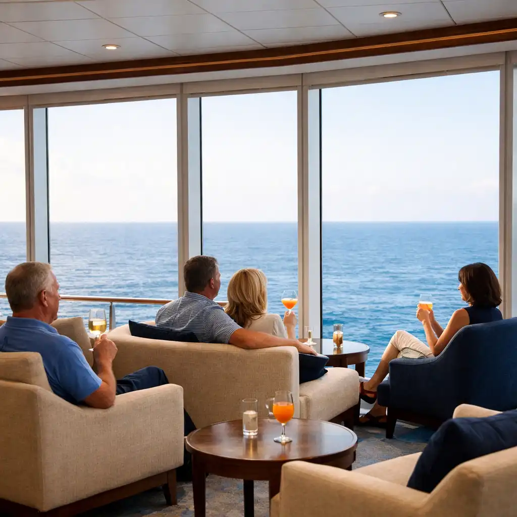 Serene observation lounge with floor-to-ceiling windows, comfortable seating, and panoramic ocean views