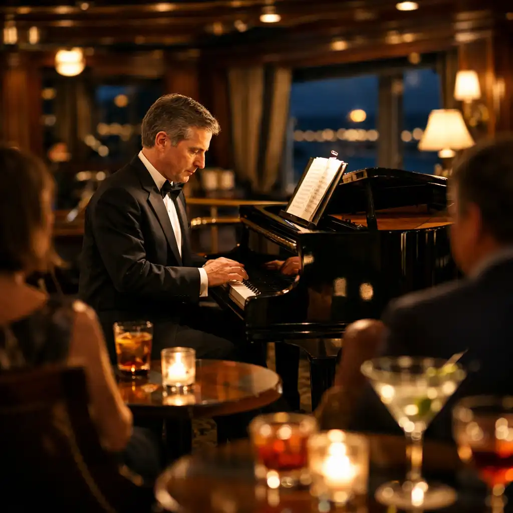 An intimate piano bar on a cruise ship with a pianist playing a grand piano under warm lighting