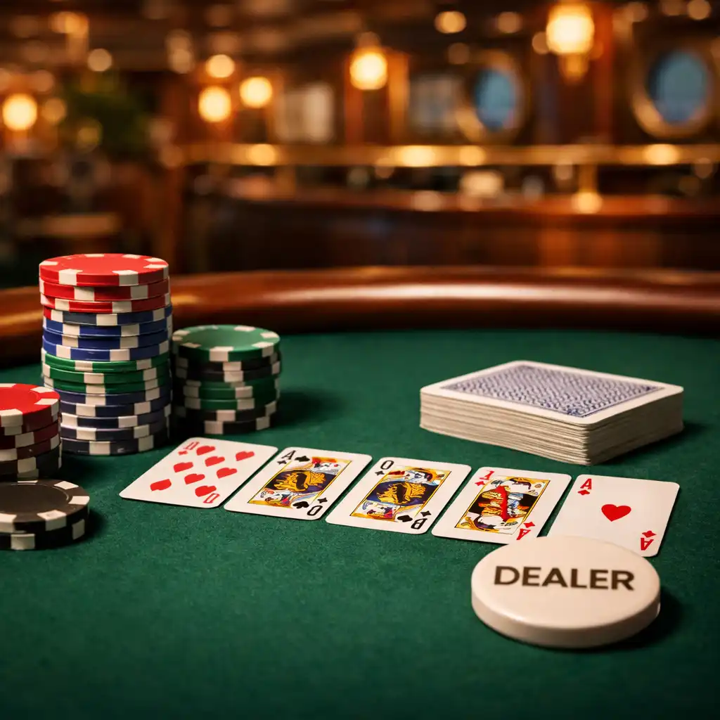 Close-up of a poker table with colorful chips, cards, and a dealer button on green felt