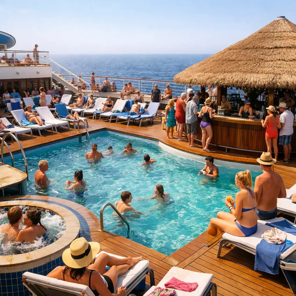 Lively cruise ship pool deck with turquoise water, white loungers, and a thatched-roof bar