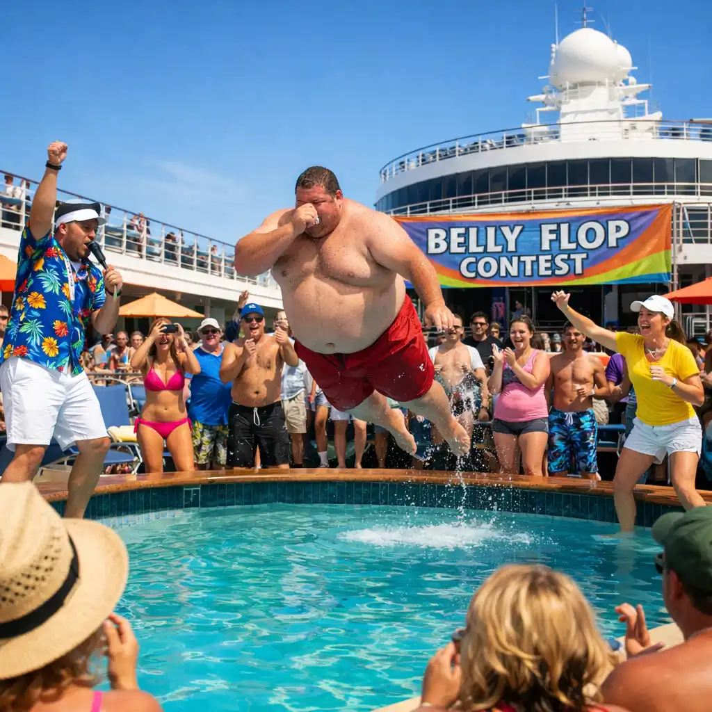 Guests participating in a lively poolside game on a cruise ship deck with turquoise water and loungers