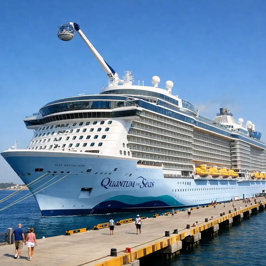 Exterior view of Quantum of the Seas docked at a sunny port, with the North Star observation capsule extended