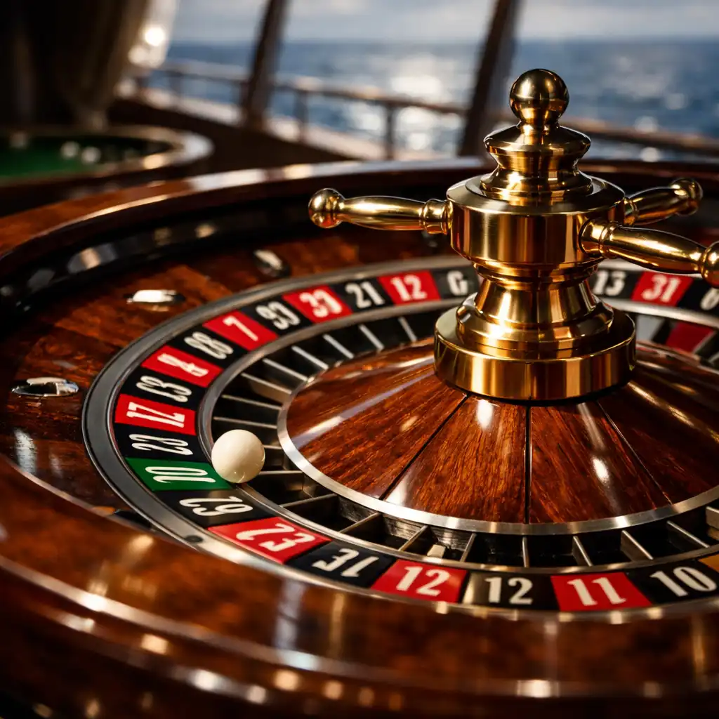 Close-up of a roulette wheel with numbered pockets and a ball in motion