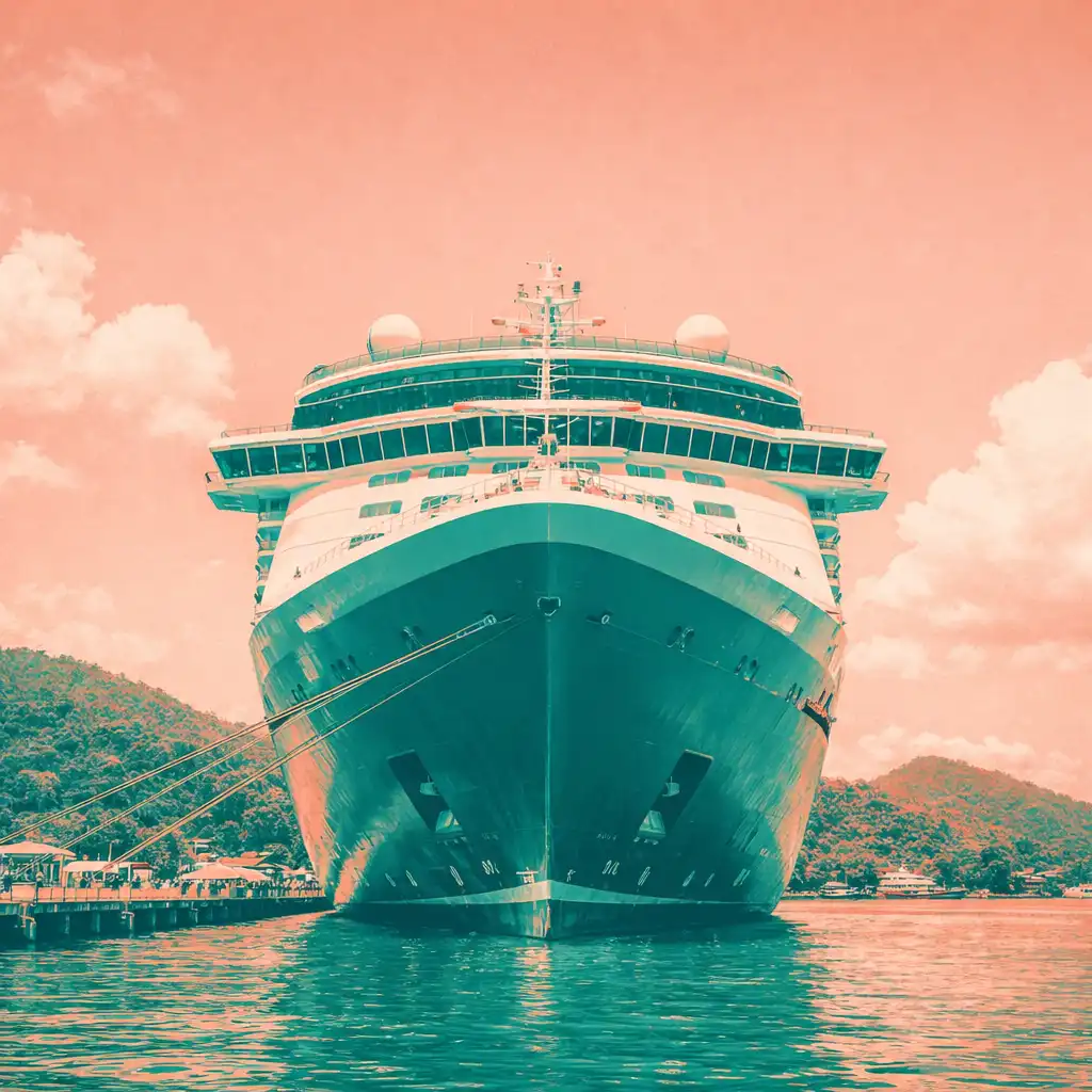 Majestic cruise ship exterior photographed from a low angle in a tropical port