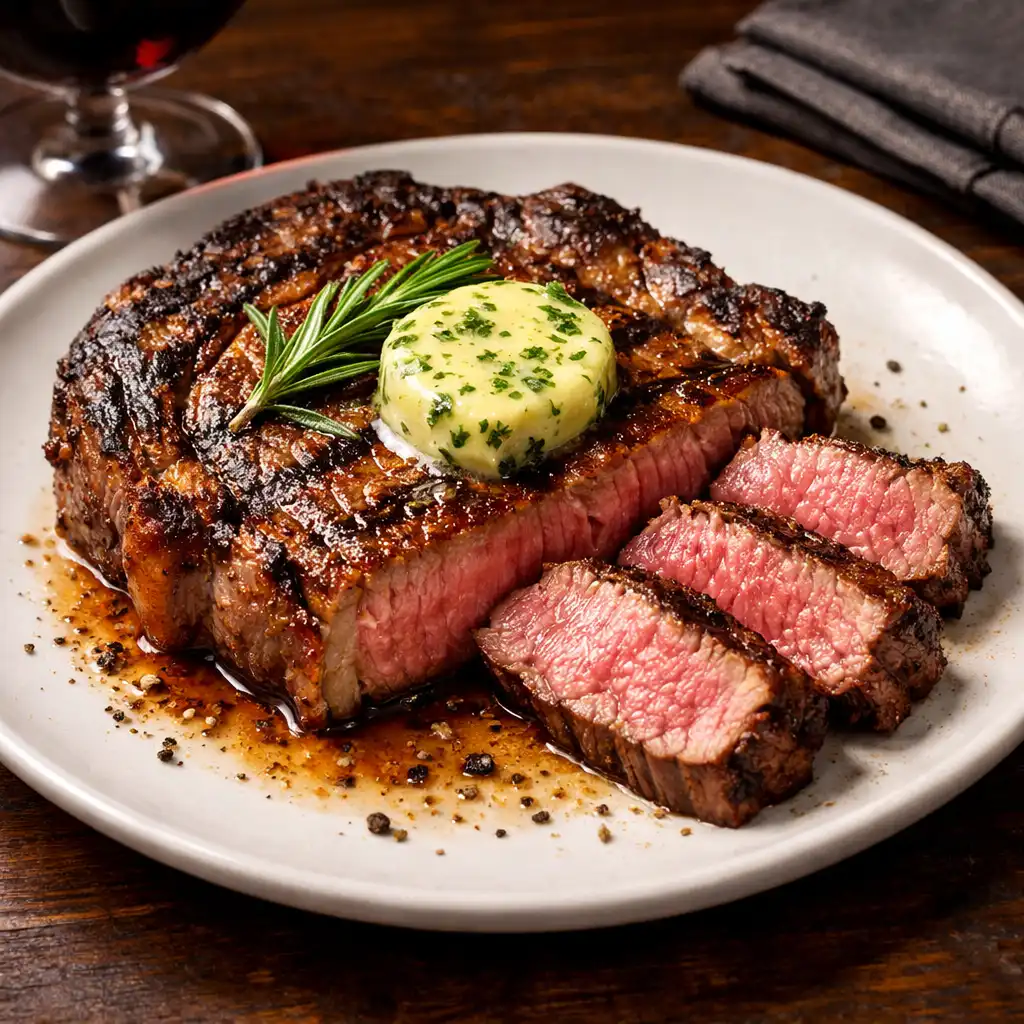 Grilled ribeye steak with rosemary and herb butter on a white plate