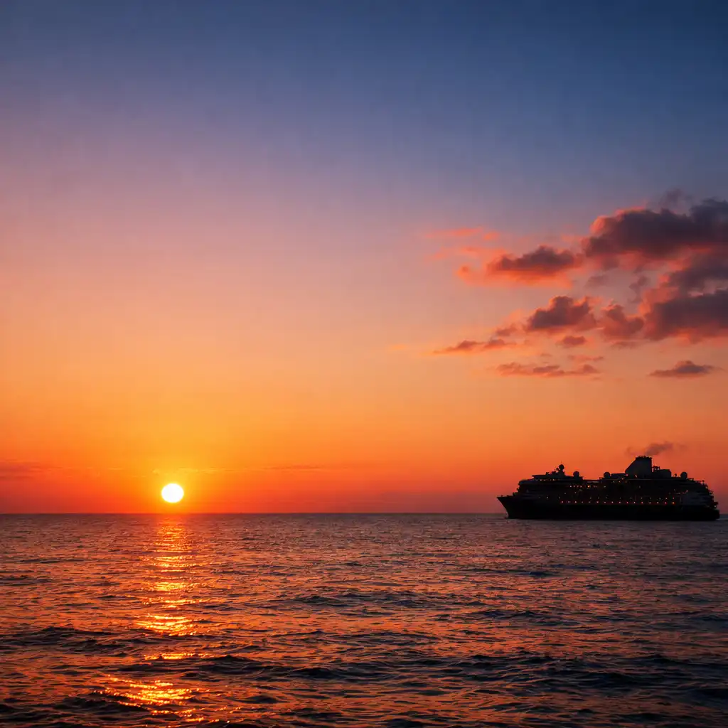 Sunset over the ocean with a cruise ship silhouette in the distance