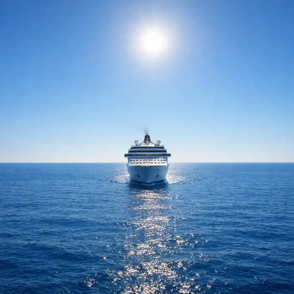 Cruise ship sailing on calm deep blue seas under a clear sky